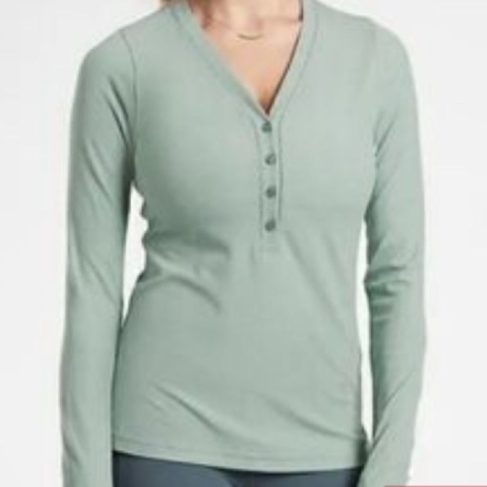 Athleta Ribbed Henley Uptempo Top Long Sleeves Green Size XL‎
